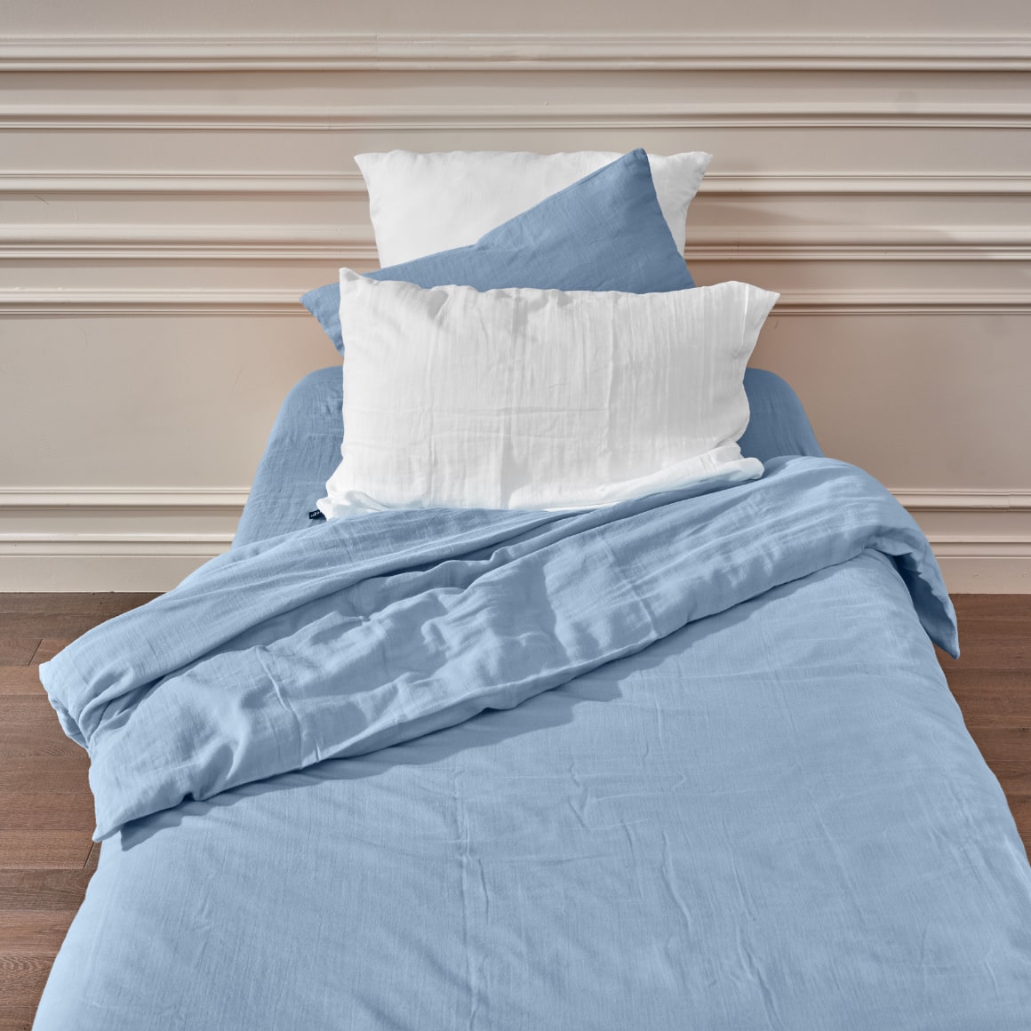DRAP HOUSSE DOUBLE GAZE DE COTON BLEU CIEL