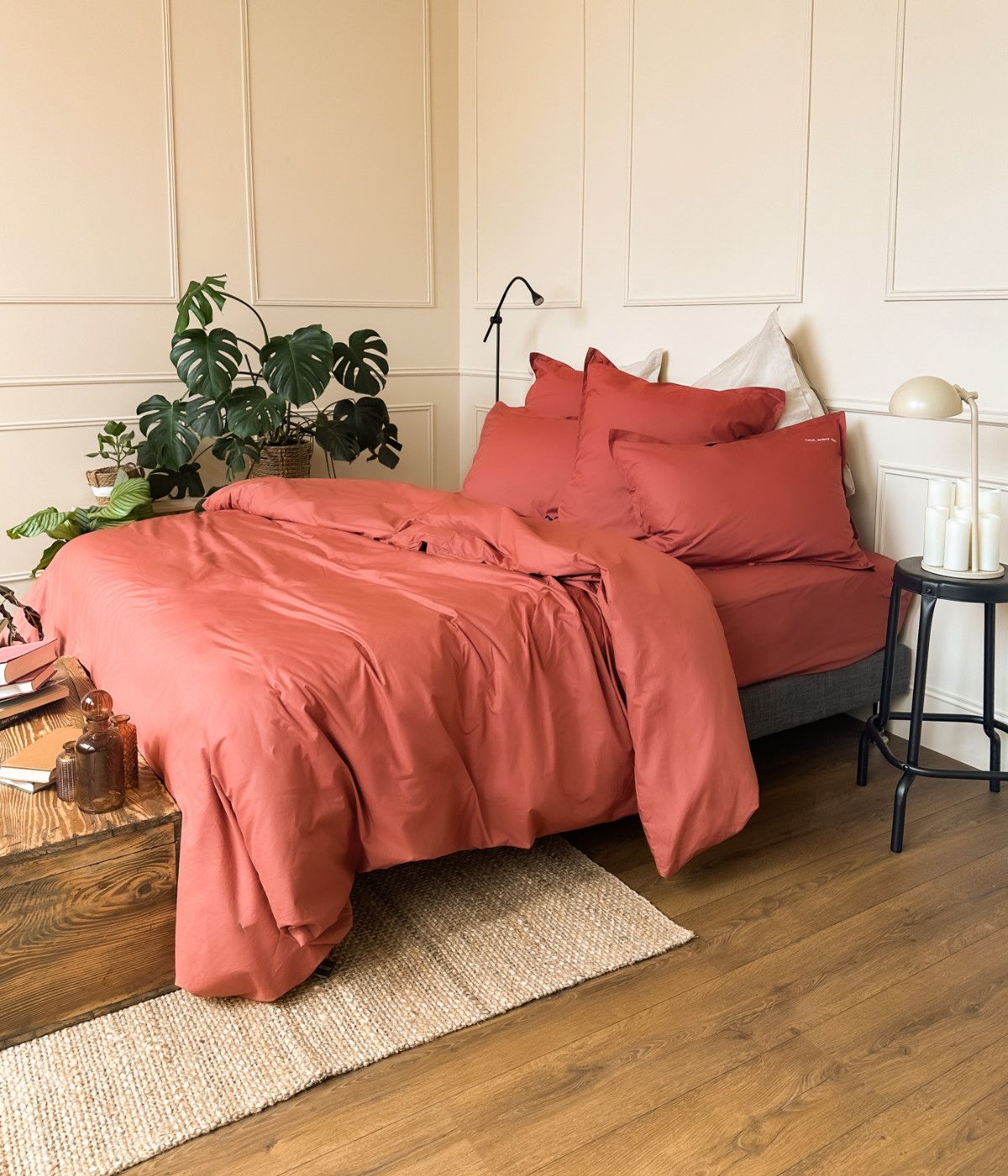 Parure de lit en percale de coton BIO - Coloris terracotta - Fabriquée en France dans les vosges - Le Drap Français