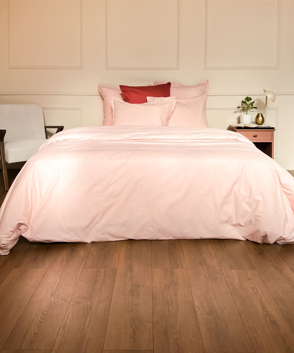 Parure de lit en percale de coton bio - Coloris rose poudré - Le drap francais