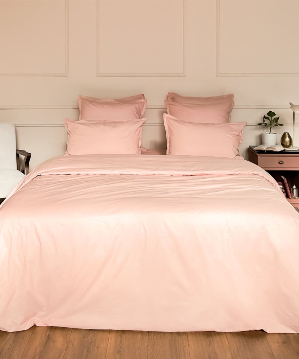 Drap plat en percale de coton bio - Coloris rose poudré - le drap français