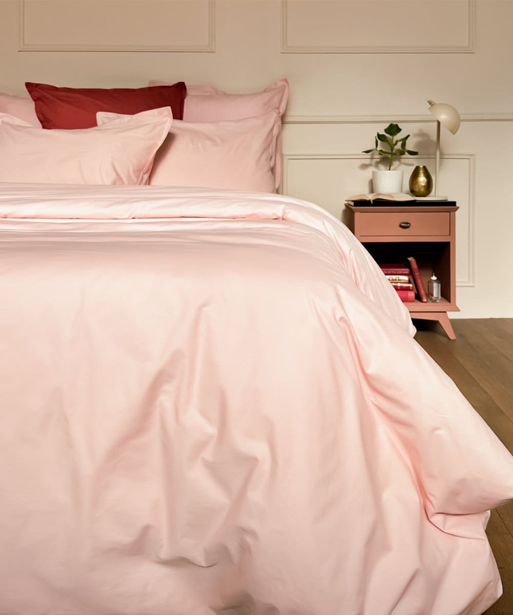 Parure de lit en percale de coton bio - Coloris rose poudré - Le drap francais