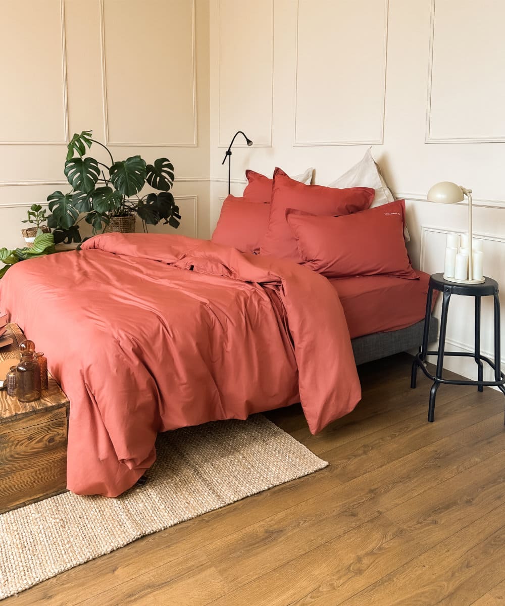Drap-housse en percale de coton BIO - Coloris terracotta - le drap français #couleur_terracotta