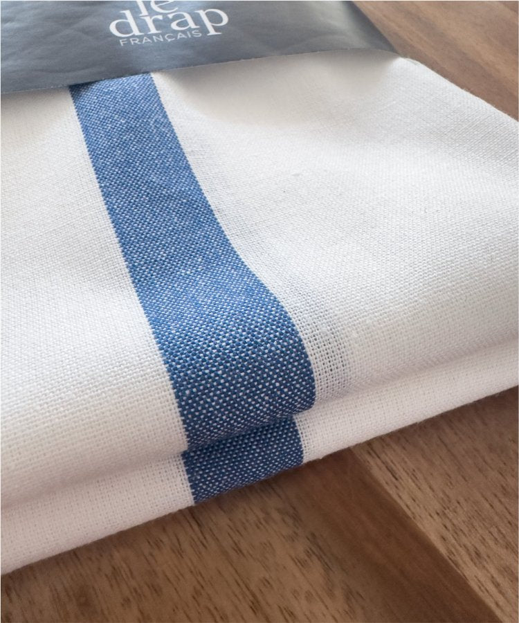 Torchon fabriqué dans les Vosges - Blanc avec bandes bleues - linge de cuisine - Le Drap Français