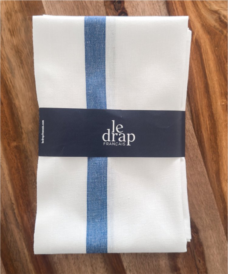 Lot de 2 Torchons fabriqués dans les Vosges - Blanc avec bandes bleues - linge de cuisine - Le Drap Français