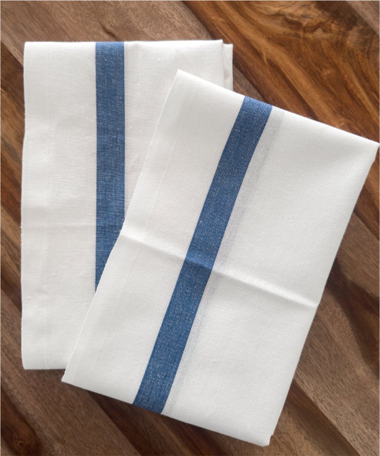 Lot de 2 Torchons fabriqués dans les Vosges - Blanc avec bandes bleues - linge de cuisine - Le Drap Français