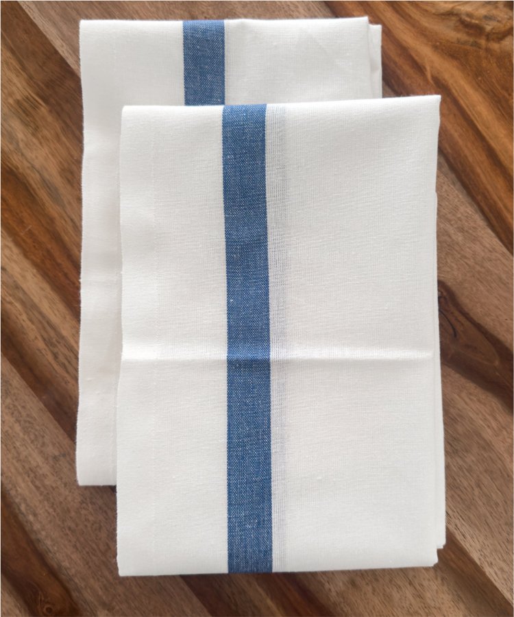 Lot de 2 Torchons fabriqués dans les Vosges - Blanc avec bandes bleues - linge de cuisine - Le Drap Français