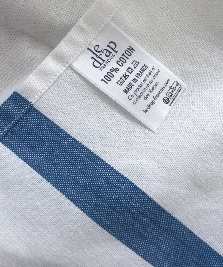 Torchon fabriqué dans les Vosges - Blanc avec bandes bleues - linge de cuisine - Le Drap Français