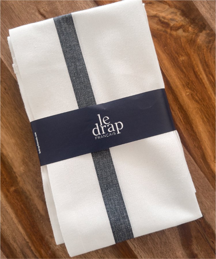Lot de 2 Torchons fabriqués dans les Vosges - Blanc avec bandes noires - linge de cuisine - Le Drap Français