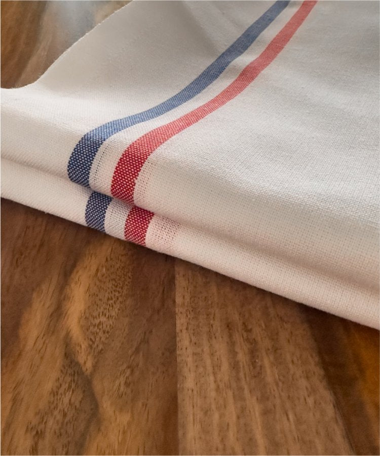 Lot de 2 Torchons fabriqués dans les Vosges -100 % Coton - Blanc avec bandes "BLEU BLANC ROUGE" - linge de cuisine - Le Drap Français