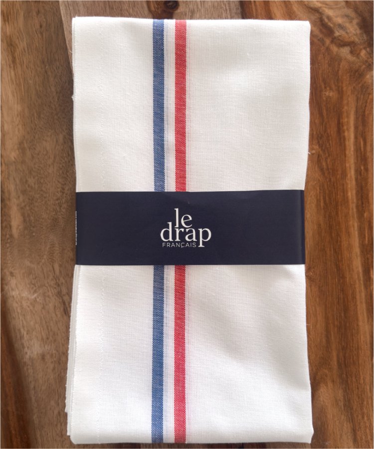 Lot de 2 Torchons fabriqués dans les Vosges -100 % Coton - Blanc avec bandes "BLEU BLANC ROUGE" - linge de cuisine - Le Drap Français