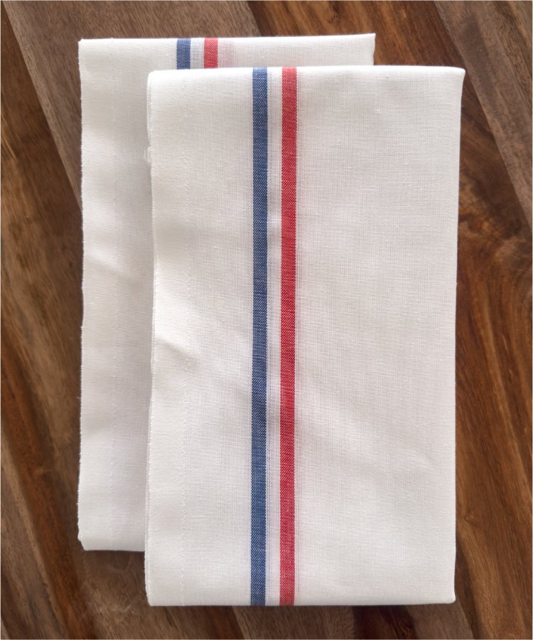 Lot de 2 Torchons fabriqués dans les Vosges -100 % Coton - Blanc avec bandes "BLEU BLANC ROUGE" - linge de cuisine - Le Drap Français