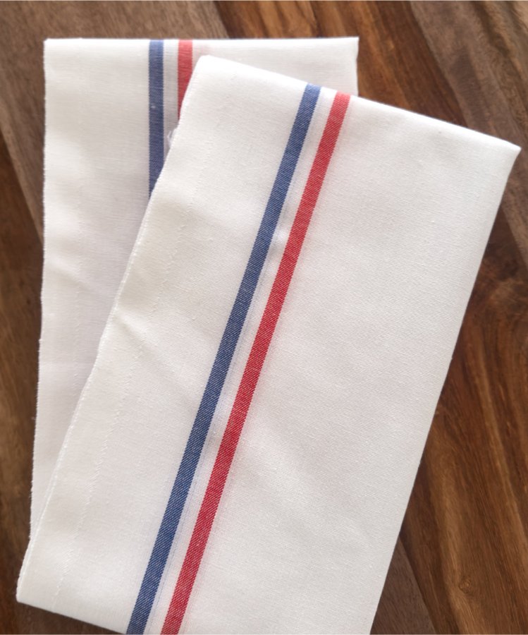 Torchon fabriqué dans les Vosges -100 % Coton - Blanc avec bandes "BLEU BLANC ROUGE" - linge de cuisine - Le Drap Français