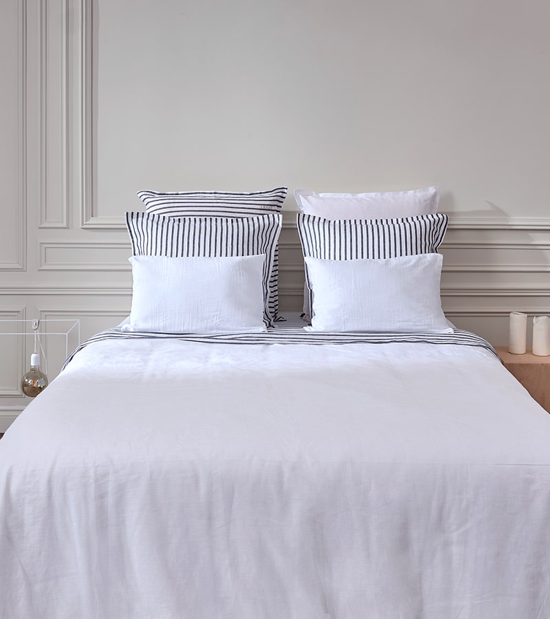 Drap plat en lin lavé français - Blanc et motif marinière - Le Drap Français