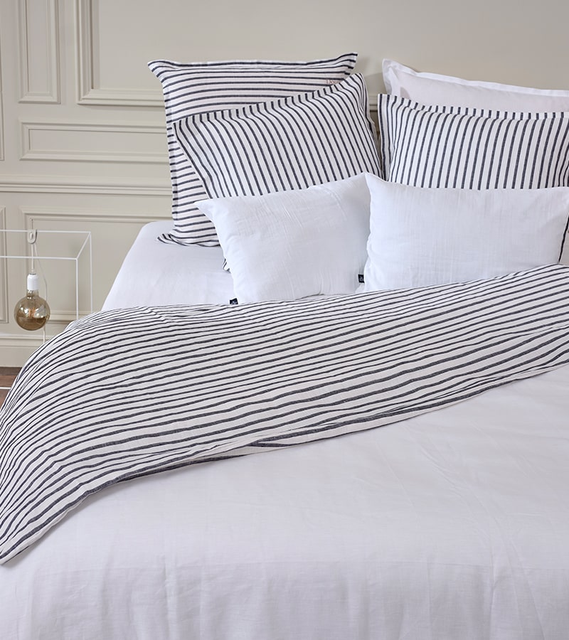 Drap plat en lin lavé français - Motif marinière - Le Drap Français