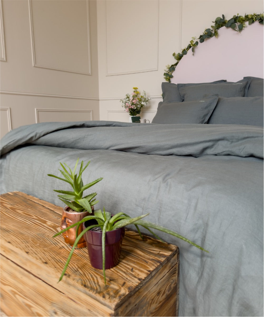 Housse de couette haut de gamme - Lin lavé cultivé en france - Coloris vert romarin - Le Drap français 