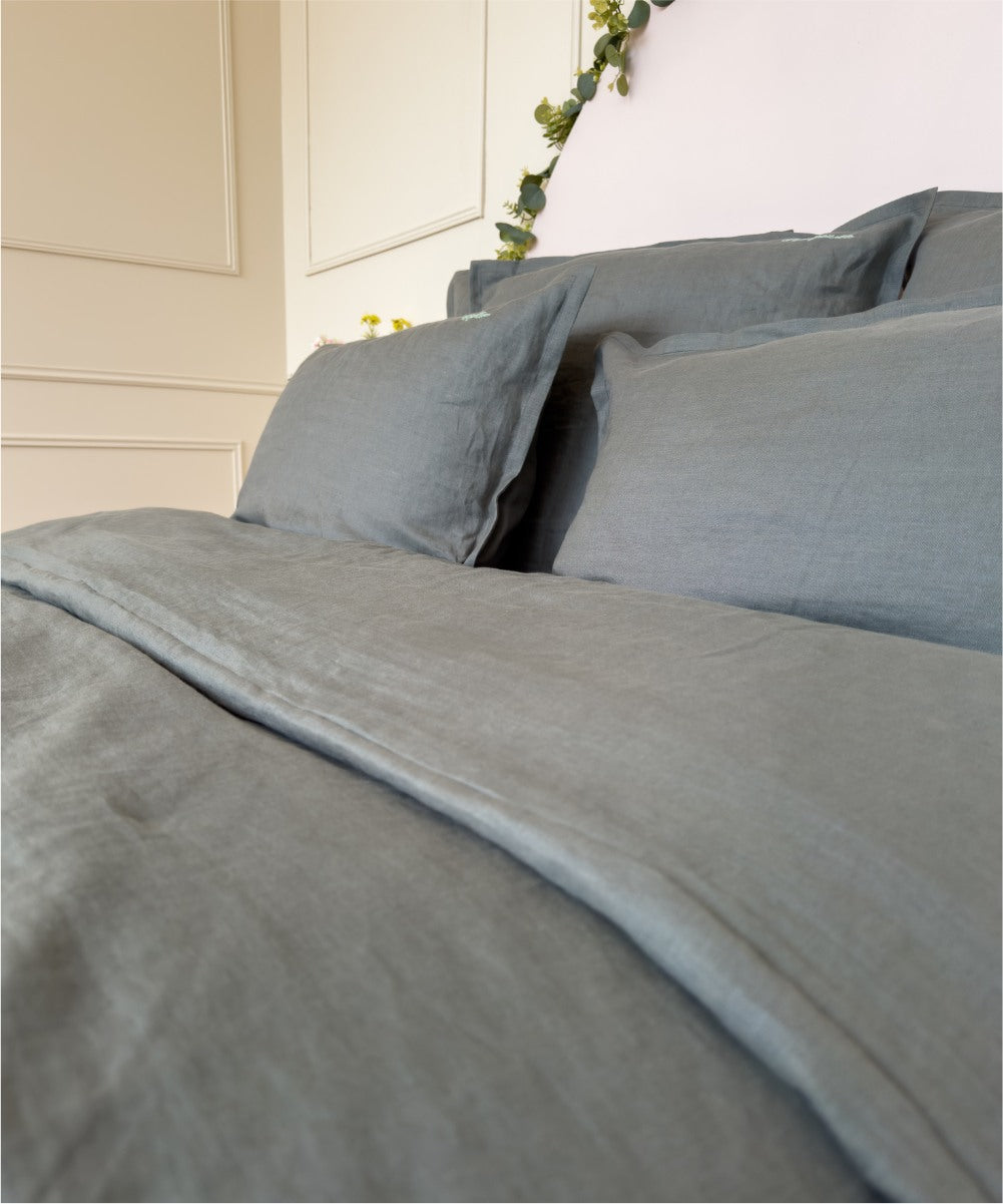 Housse de couette en lin lavé français - Fabrication Vosgienne - Coloris vert romarin