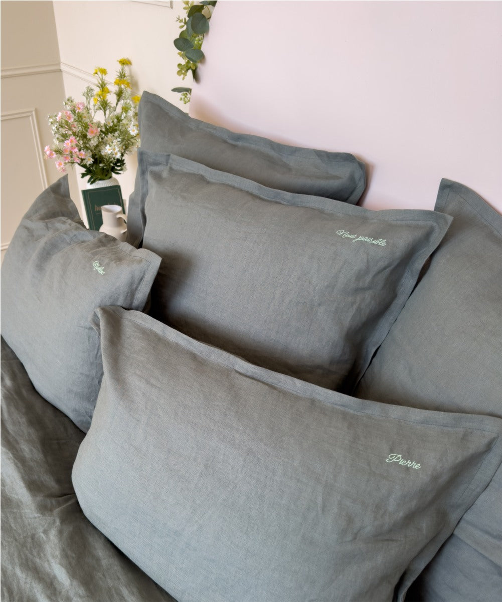 Taie d'oreiller en lin lavé - coloris vert Romarin - Le Drap Français 