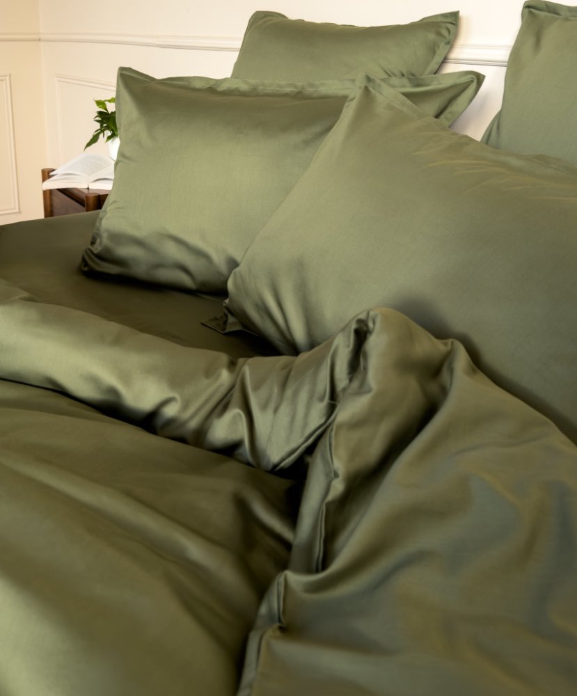 Housse de couette et taies en satin de coton bio vert, linge de lit fabriqué dans les Vosges
